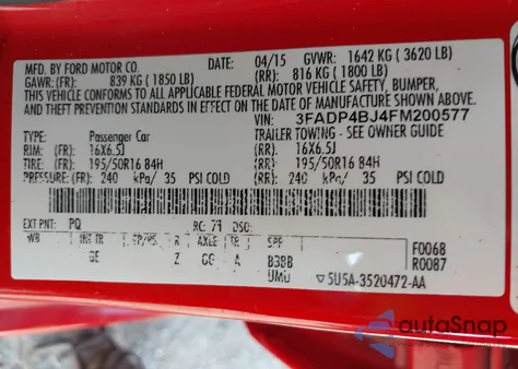 2015 Ford Fiesta Se из США, поврежденный, VIN 3FADP4BJ4FM200577